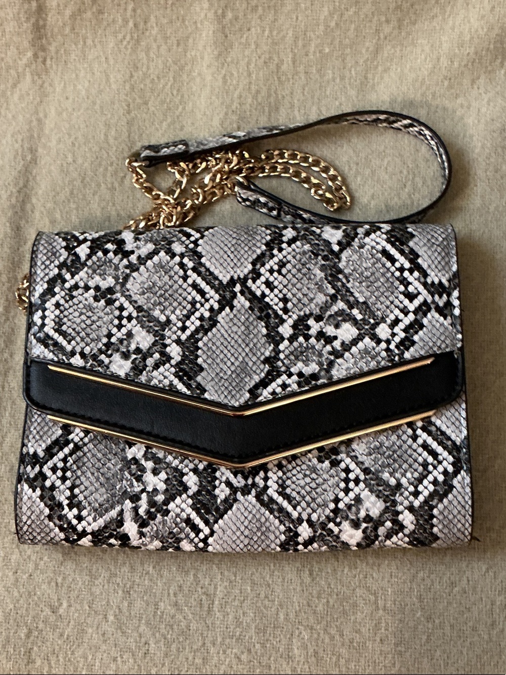 Madison West Gray & Black Snake-Print Crossbody with Gold Chain